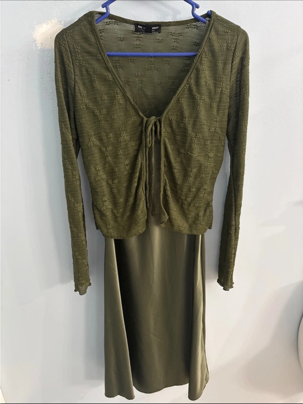 See You Monday Olive Green Two-Piece Long Sleeve Knit Tie Top & Slip Skirt